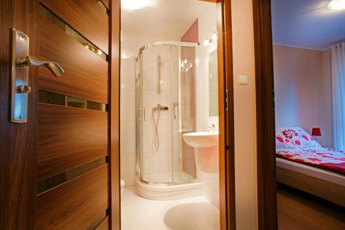 łazienka z prysznicem i umywalką w obiekcie Apartamenty Pod Izbicą w mieście Karpacz