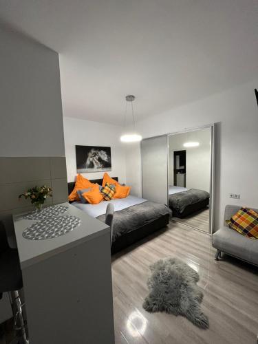 een kamer met een bed, een bank en een spiegel bij Central Studio in Braşov