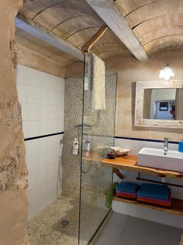 a bathroom with a glass shower and a sink at Casa Can Coves in Santa Gertrudis de Fruitera