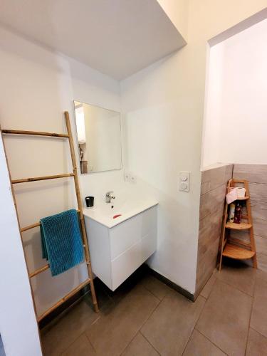 une salle de bain avec un lavabo et un miroir dans l'établissement vintage home, à LʼIsle-sur-la-Sorgue