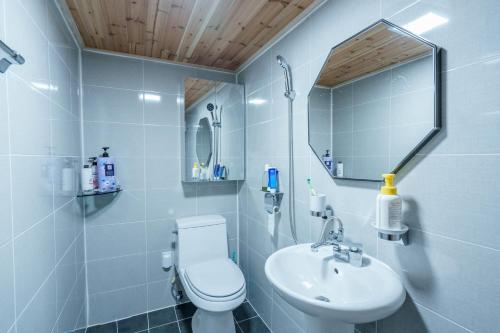 a bathroom with a toilet and a sink and a mirror at Aega Hanok Guesthouse in Daegu