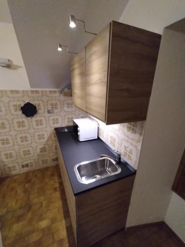 a kitchen with a sink and wooden cabinets at PARK SIDE Apartment in Ponte di Legno