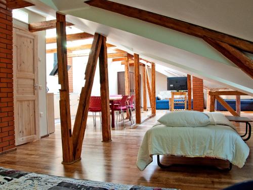 Supeluse Apartments في بارنو: غرفة نوم مع سرير وغرفة طعام