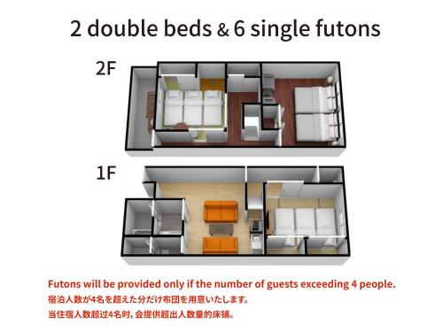 a diagram of a room with two double beds and single floors at Bijou Suites Naniwa in Osaka