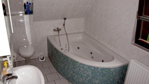 a bathroom with a tub and a toilet and a sink at Ferienhaus-Bergtraum-Ferienwohnung-Lilli in Kurort Oberwiesenthal