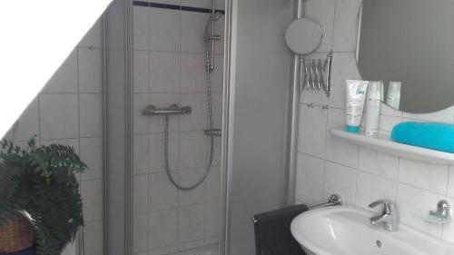 a bathroom with a shower and a sink at VALIF6001-Haus-Lindenallee-II in Vadersdorf