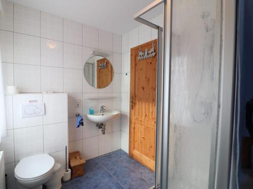 a small bathroom with a toilet and a sink at Lüttjes Diekhuus in Butjadingen OT Tossens
