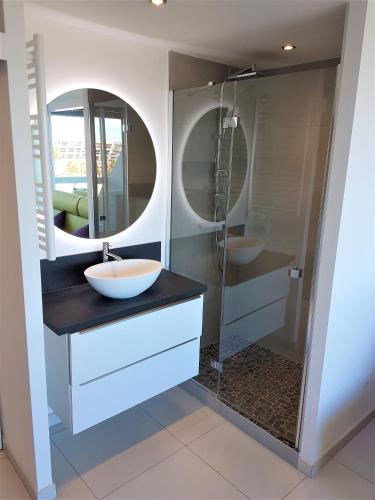 une salle de bain avec un lavabo et une douche dans l'établissement Studio Village Naturiste O Plaisir, au Cap d'Agde