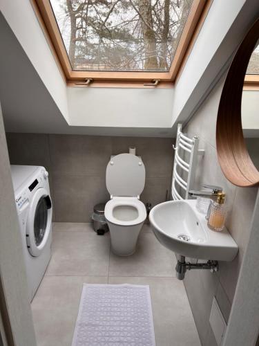 uma casa de banho com um WC, um lavatório e uma janela em VO apartments em Juodkrantė