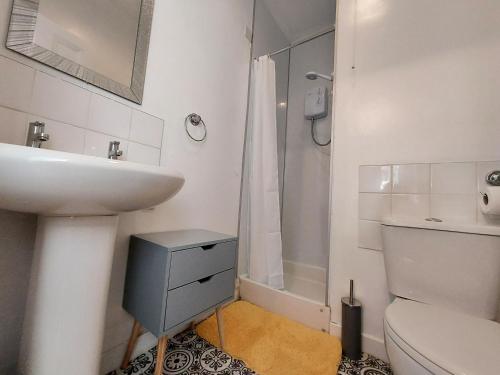 a bathroom with a sink and a toilet and a shower at Duke Street Apartment in Lilliesleaf