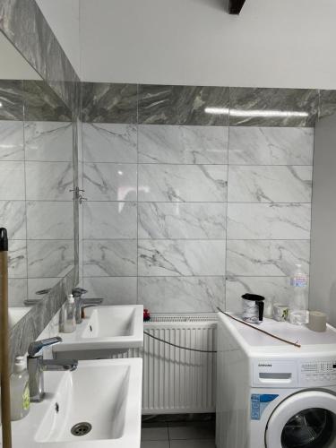 a bathroom with a sink and a washing machine at Hotel Mlyn in Nikolayev