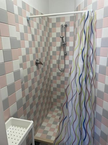 洛雷托的住宿－Casa di mary，浴室里配有带色彩缤纷的淋浴帘的淋浴