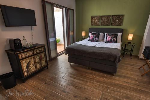 1 dormitorio con 1 cama y TV de pantalla plana en Olive Tree Bed and Breakfast en Olvera