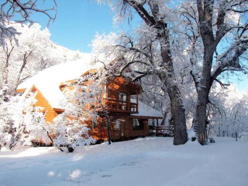 a log cabin in the snow with trees at Agradable casa cerca de las termas de Chillan in Las Trancas