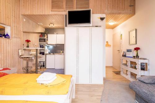 uma sala de estar com uma televisão em cima de um frigorífico branco em Einzimmerwohnung B und E em Meckenbeuren