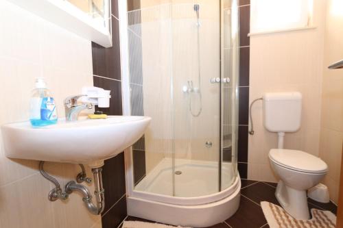 a bathroom with a sink and a shower and a toilet at Apartments Ana - Kustići in Novalja