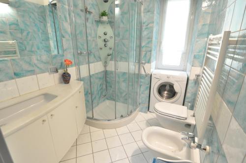 a bathroom with a shower and a toilet and a sink at La casa di Fede e Fran in Camogli