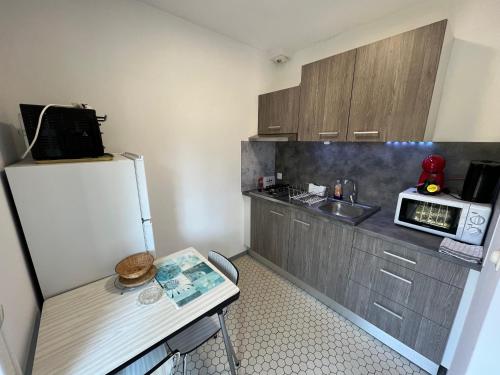 a small kitchen with a sink and a refrigerator at Résidence Les Milandes in Cazaubon