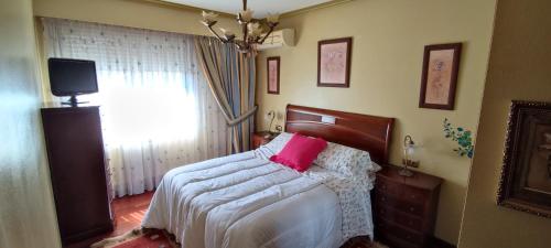 Dormitorio con cama con almohada rosa en Piso Estación Termal GARAJE Y AIRE ACONDICIONADO, en Ourense