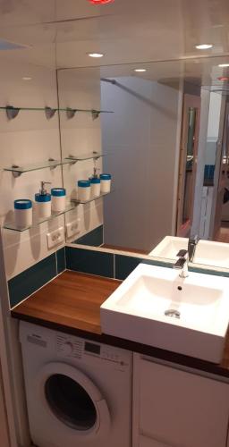 une salle de bain avec un lavabo et une machine à laver dans l'établissement Appartement Village Naturiste Apollon, au Cap d'Agde