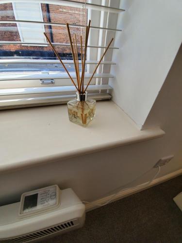 a window sill with a vase with sticks in it at Ipswich Town Centre - Apartment 1 in Ipswich