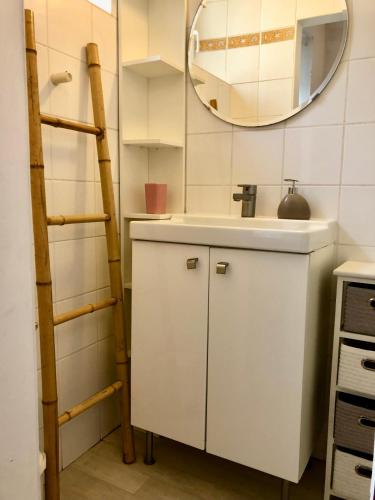 une salle de bain avec un lavabo blanc et un miroir dans l'établissement Appartement Cœur Saint-Martin, à Brest