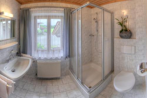La salle de bains est pourvue d'une douche, de toilettes et d'un lavabo. dans l'établissement Haus Singer, à Bad Feilnbach
