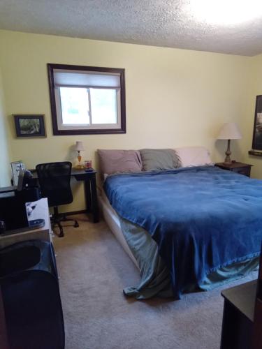 a bedroom with a bed and a desk and a window at Outdoor Hot Tub and Cozy King Bed in Lansing