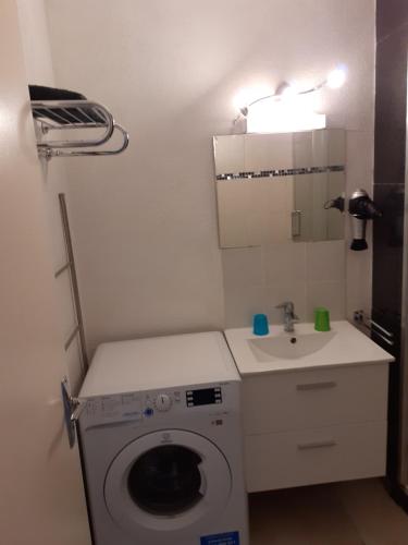 une salle de bain avec une machine à laver et un lavabo dans l'établissement appartement 3pieces, à Argelès-sur-Mer