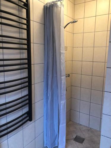a shower with a blue shower curtain in a bathroom at Lille Røde hus Mandø in Ribe