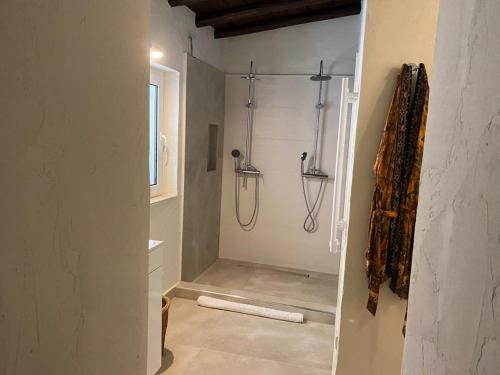 uma casa de banho com uma cabina de duche ao nível do chão num quarto em Quinta Omorka Cottage em Lagos