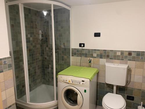 a bathroom with a washing machine and a shower at Penasa Appartamenti in Rabbi