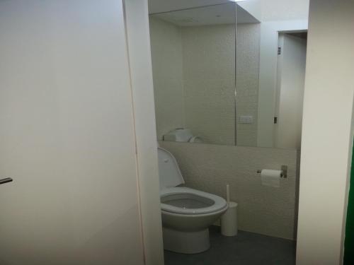 a bathroom with a toilet and a mirror at GuimaraesLiving - Hostel & Adventure in Guimarães