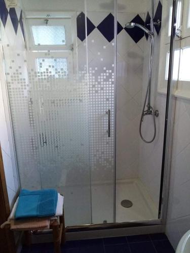 a shower with a glass door in a bathroom at Ribeira da Praia House in Vila Franca do Campo