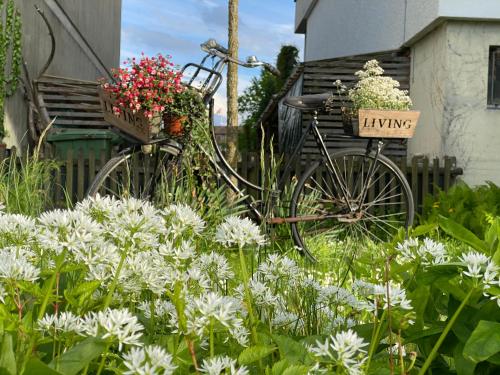 a bike parked in a garden with flowers at Lakelodge Romanshorn in Romanshorn