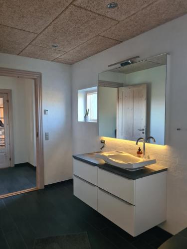 Lovely room, easy access to E45 highway في Rask Mølle: حمام مع حوض ومرآة