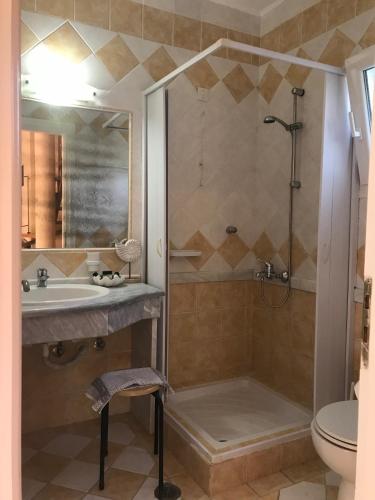 a bathroom with a shower and a sink and a toilet at L'Eremo Luxury Apartments in Roda