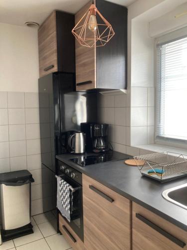 Il comprend une cuisine équipée d'une cuisinière. four supérieur à côté d'un évier dans l'établissement SAMBA appartement de charme 5 pers, à Mulhouse