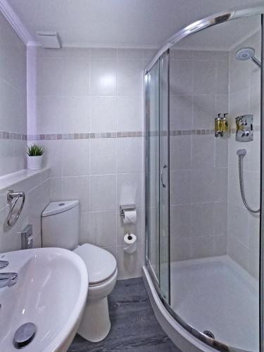 a bathroom with a shower and a toilet and a sink at Riviera Lodge Hotel in Torquay