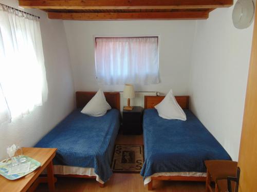 a room with two beds and a table and a window at Pensiunea Amo in Vălenii de Munte