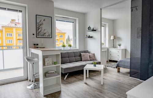 a living room with a couch and a table at Wolkerovka Apartment 1 in Olomouc