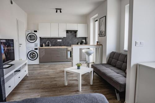 uma sala de estar com um sofá e uma mesa em Wolkerovka Apartment 1 em Olomouc