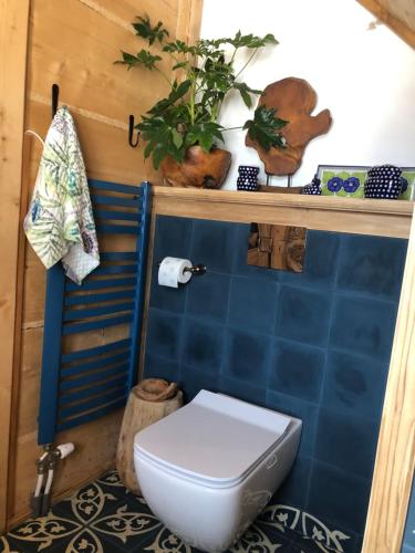a white toilet in a bathroom with blue tiles at Bajkowy domek in Kościelisko