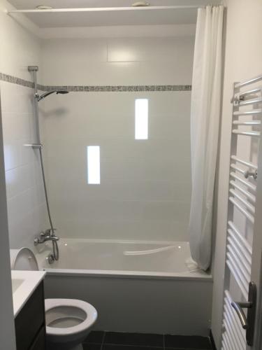 ヴィレルヴィルにあるLa Renardièreの白いバスルーム(トイレ、シャワー付)