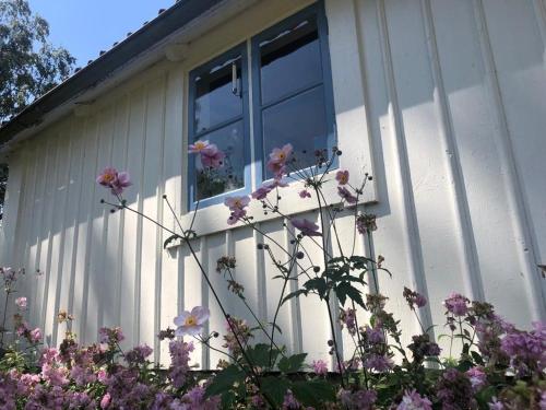 ein Haus mit Blumen vor einem Fenster in der Unterkunft Seaside Cottage Haga Park in Fröbygårda