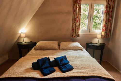 a bedroom with a bed with two blue pillows on it at Escapadinha da Estrela - Penhas da Saúde in Penhas da Saúde