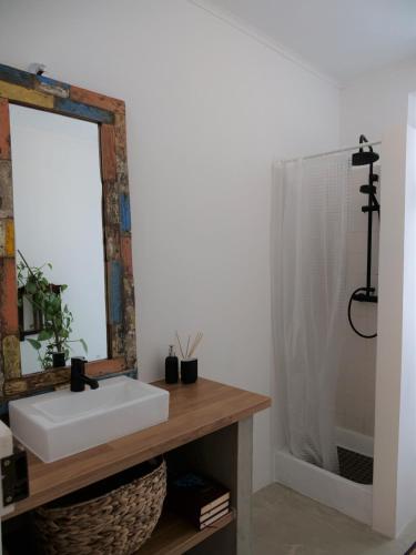 a bathroom with a white sink and a mirror at Casa da Livraria - Boutique da Cultura in Avis