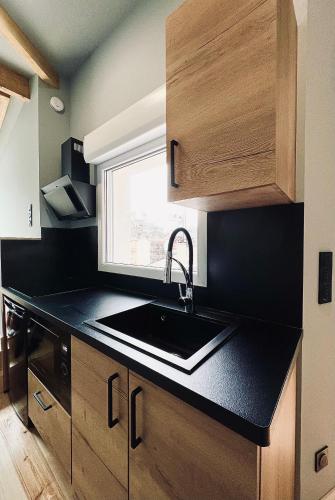 a kitchen with a sink and a window at LOFT sous un ciel étoilé 2/4 pers in Foix