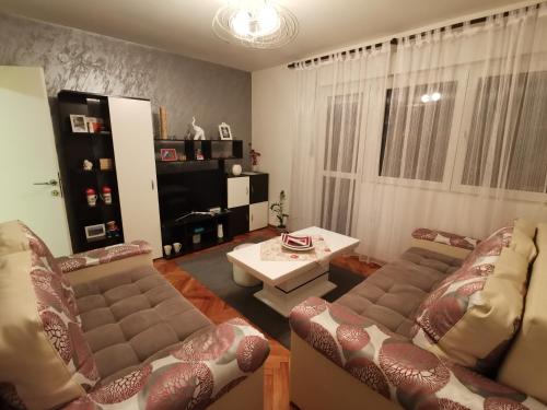 ein Wohnzimmer mit 2 Sofas und einem Tisch in der Unterkunft Apartman Caroline in Čačak