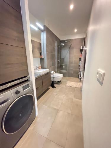 La salle de bains est pourvue d'un lavabo et d'un lave-linge. dans l'établissement Efstaleiti 21, à Reykjavik